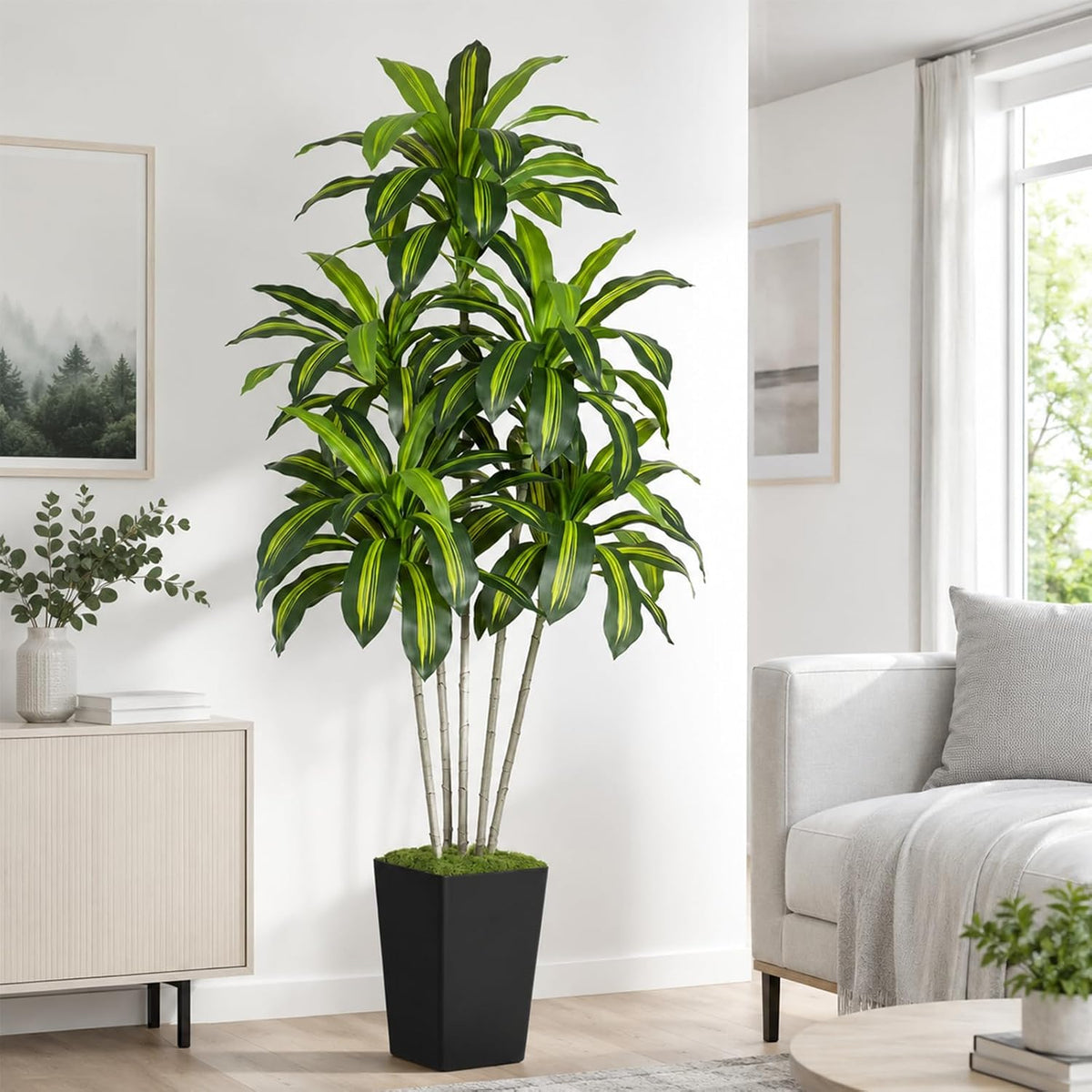 Dracaena Plant Artificial Tree 7Ft Tall Fake Tropical Floor Plants Potted (Real Touch) Artificial Silk Tree Leaf Faux Trees White Tall Planter for Home Office Living Room Indoor Outdoor Decor