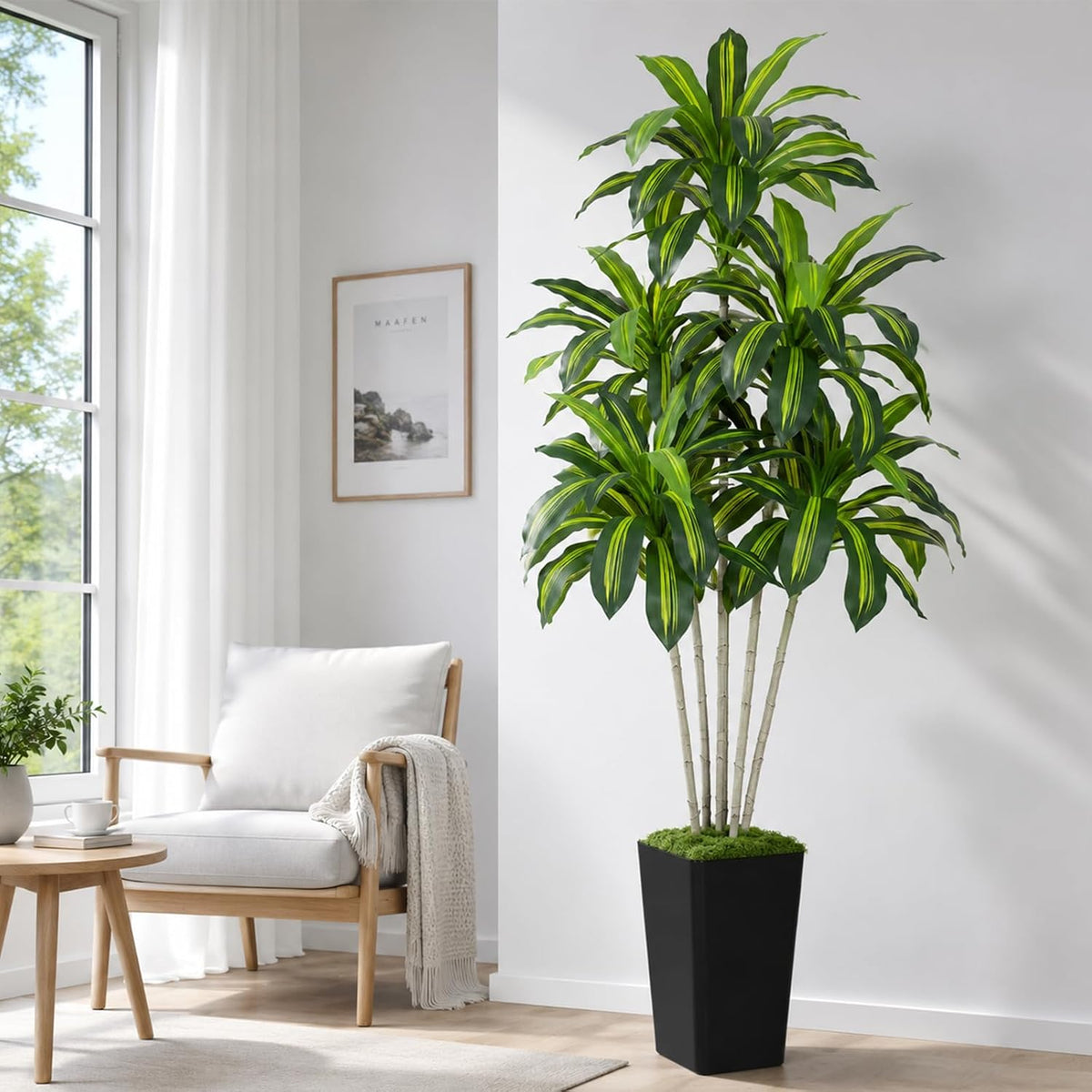 Dracaena Plant Artificial Tree 7Ft Tall Fake Tropical Floor Plants Potted (Real Touch) Artificial Silk Tree Leaf Faux Trees White Tall Planter for Home Office Living Room Indoor Outdoor Decor