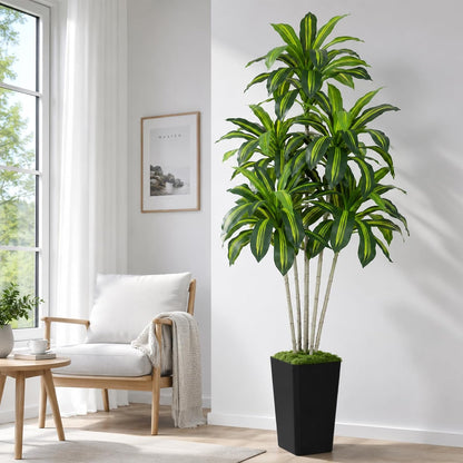 Dracaena Plant Artificial Tree 7Ft Tall Fake Tropical Floor Plants Potted (Real Touch) Artificial Silk Tree Leaf Faux Trees White Tall Planter for Home Office Living Room Indoor Outdoor Decor