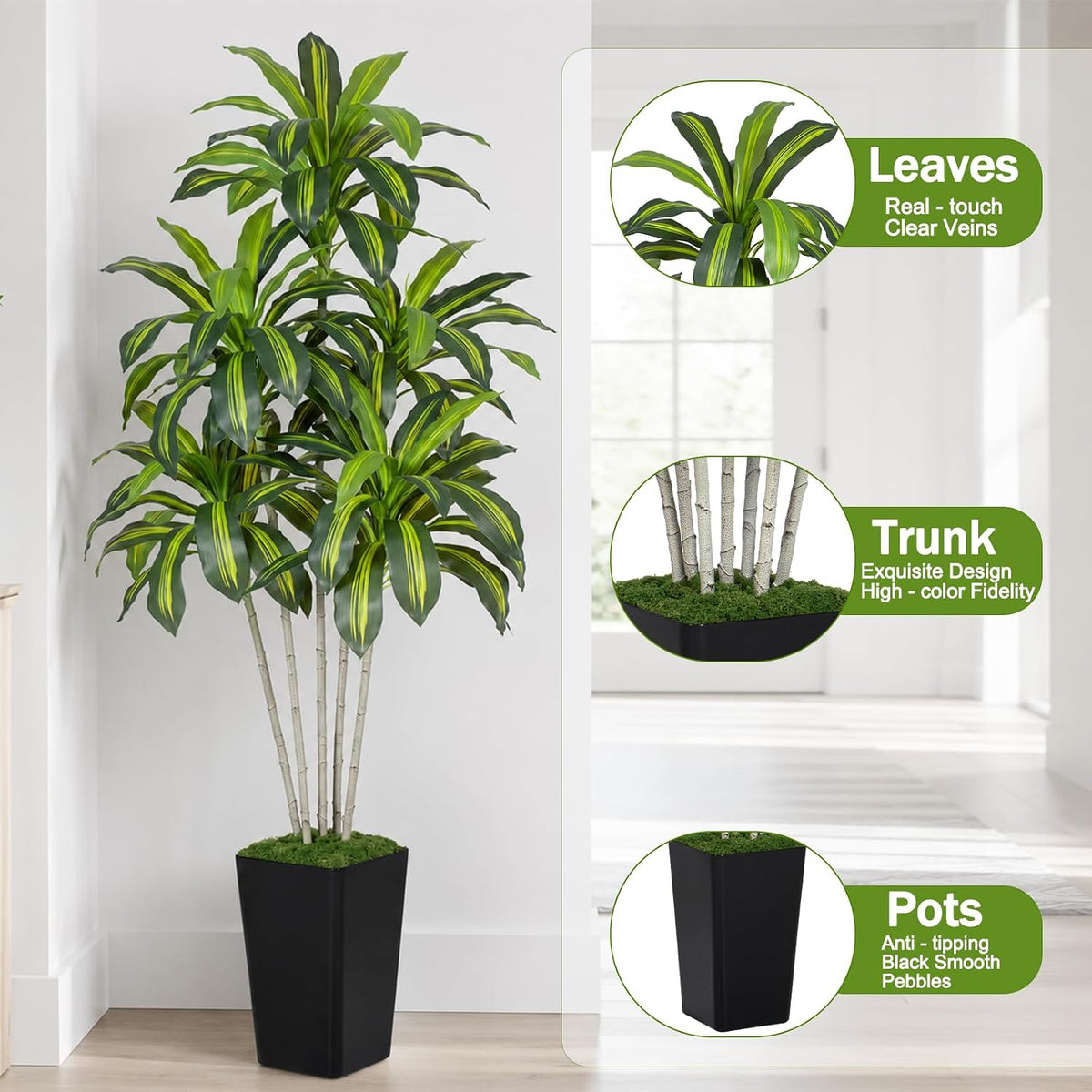 Dracaena Plant Artificial Tree 7Ft Tall Fake Tropical Floor Plants Potted (Real Touch) Artificial Silk Tree Leaf Faux Trees White Tall Planter for Home Office Living Room Indoor Outdoor Decor