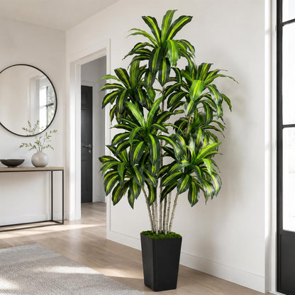 Dracaena Plant Artificial Tree 7Ft Tall Fake Tropical Floor Plants Potted (Real Touch) Artificial Silk Tree Leaf Faux Trees White Tall Planter for Home Office Living Room Indoor Outdoor Decor