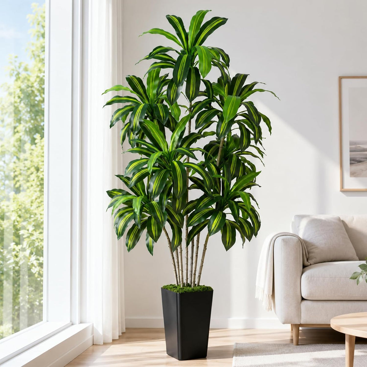 Dracaena Plant Artificial Tree 7Ft Tall Fake Tropical Floor Plants Potted (Real Touch) Artificial Silk Tree Leaf Faux Trees White Tall Planter for Home Office Living Room Indoor Outdoor Decor