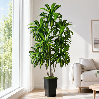 Dracaena Plant Artificial Tree 7Ft Tall Fake Tropical Floor Plants Potted (Real Touch) Artificial Silk Tree Leaf Faux Trees White Tall Planter for Home Office Living Room Indoor Outdoor Decor