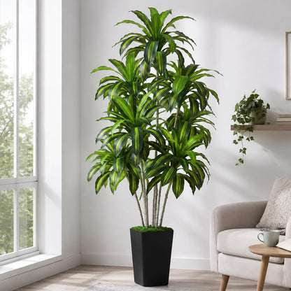 Dracaena Plant Artificial Tree 7Ft Tall Fake Tropical Floor Plants Potted (Real Touch) Artificial Silk Tree Leaf Faux Trees White Tall Planter for Home Office Living Room Indoor Outdoor Decor