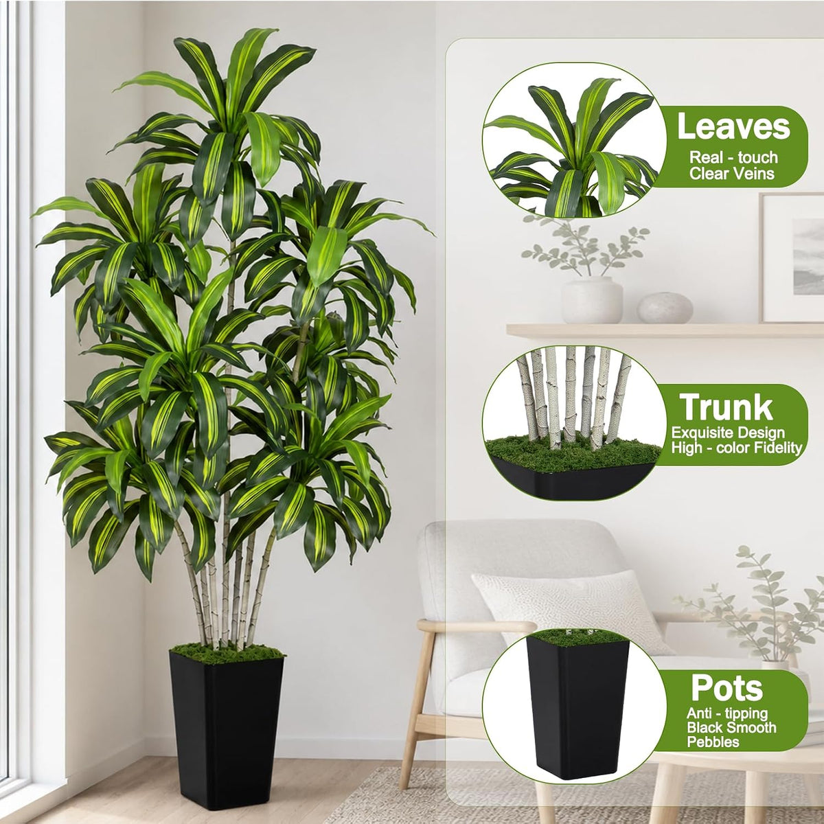Dracaena Plant Artificial Tree 7Ft Tall Fake Tropical Floor Plants Potted (Real Touch) Artificial Silk Tree Leaf Faux Trees White Tall Planter for Home Office Living Room Indoor Outdoor Decor