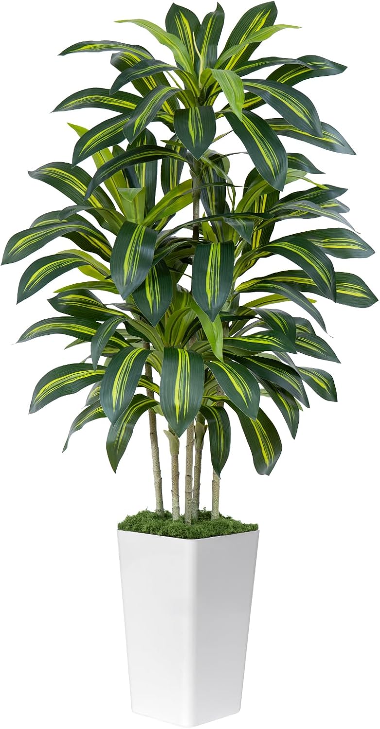 Dracaena Plant Artificial Tree 7Ft Tall Fake Tropical Floor Plants Potted (Real Touch) Artificial Silk Tree Leaf Faux Trees White Tall Planter for Home Office Living Room Indoor Outdoor Decor