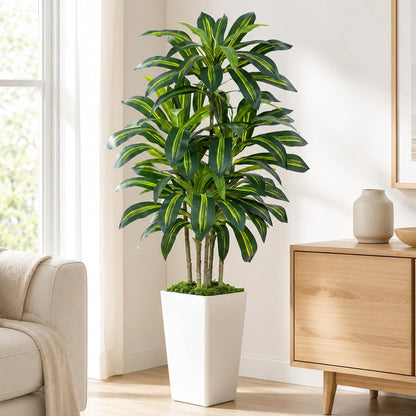 Dracaena Plant Artificial Tree 7Ft Tall Fake Tropical Floor Plants Potted (Real Touch) Artificial Silk Tree Leaf Faux Trees White Tall Planter for Home Office Living Room Indoor Outdoor Decor