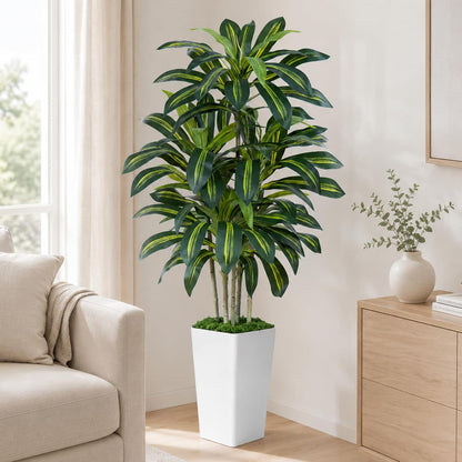 Dracaena Plant Artificial Tree 7Ft Tall Fake Tropical Floor Plants Potted (Real Touch) Artificial Silk Tree Leaf Faux Trees White Tall Planter for Home Office Living Room Indoor Outdoor Decor