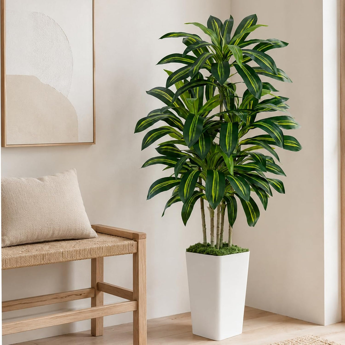 Dracaena Plant Artificial Tree 7Ft Tall Fake Tropical Floor Plants Potted (Real Touch) Artificial Silk Tree Leaf Faux Trees White Tall Planter for Home Office Living Room Indoor Outdoor Decor