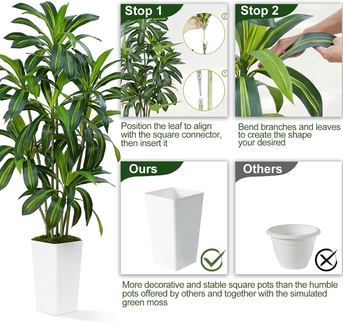 Dracaena Plant Artificial Tree 7Ft Tall Fake Tropical Floor Plants Potted (Real Touch) Artificial Silk Tree Leaf Faux Trees White Tall Planter for Home Office Living Room Indoor Outdoor Decor