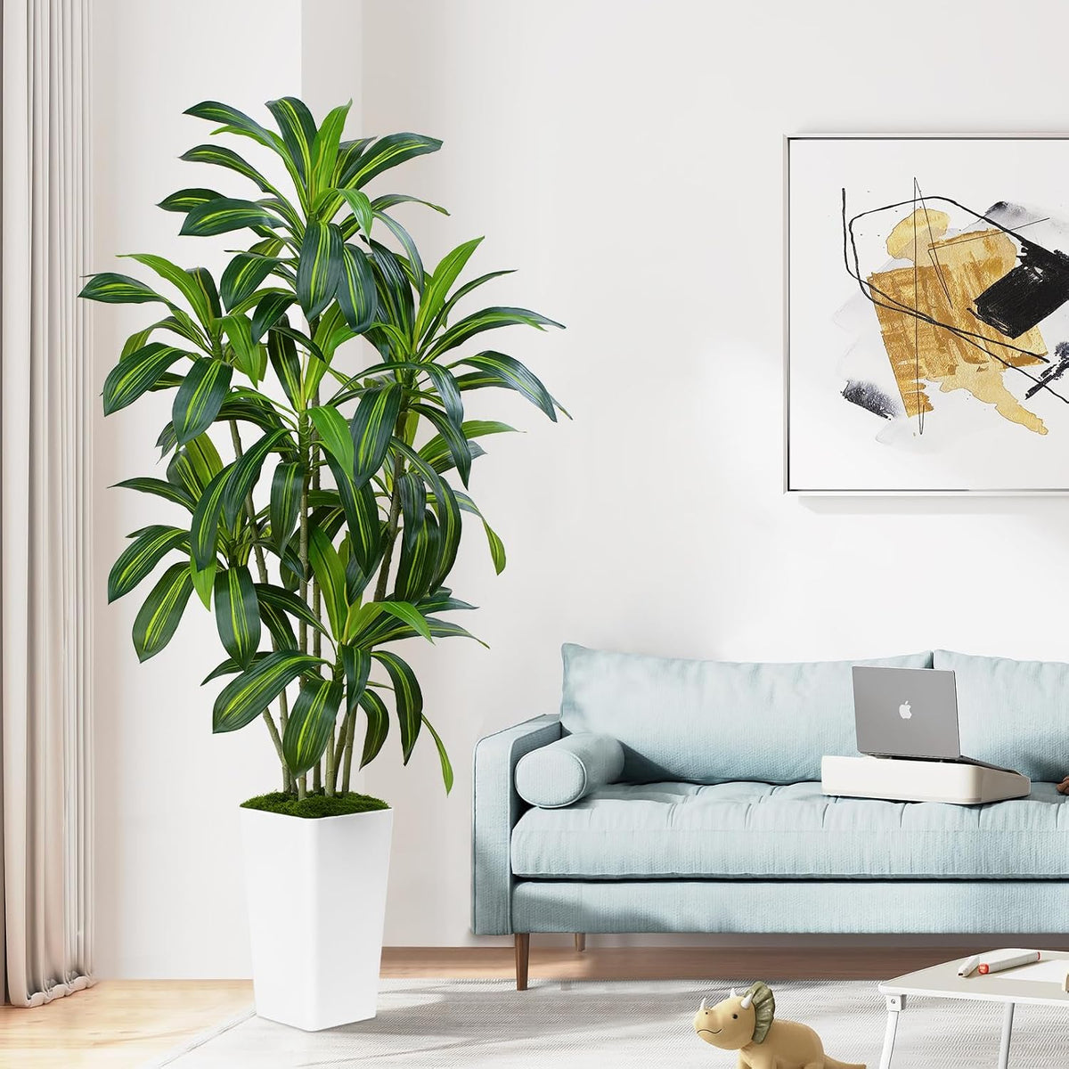 Dracaena Plant Artificial Tree 7Ft Tall Fake Tropical Floor Plants Potted (Real Touch) Artificial Silk Tree Leaf Faux Trees White Tall Planter for Home Office Living Room Indoor Outdoor Decor