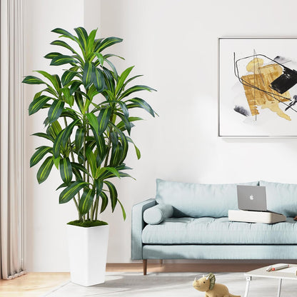 Dracaena Plant Artificial Tree 7Ft Tall Fake Tropical Floor Plants Potted (Real Touch) Artificial Silk Tree Leaf Faux Trees White Tall Planter for Home Office Living Room Indoor Outdoor Decor