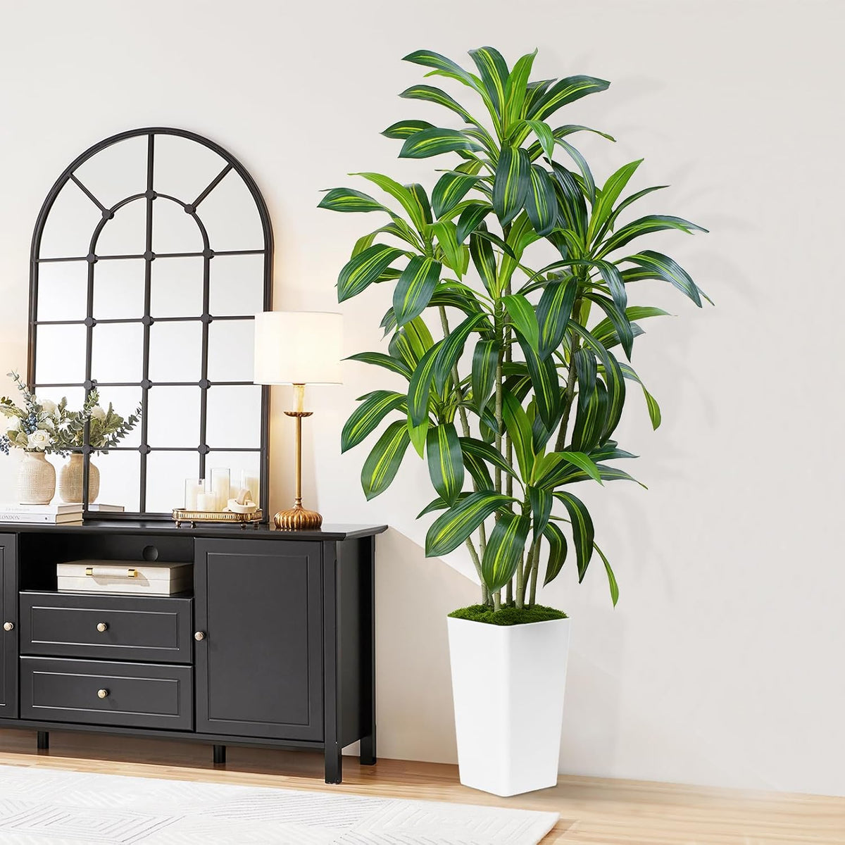 Dracaena Plant Artificial Tree 7Ft Tall Fake Tropical Floor Plants Potted (Real Touch) Artificial Silk Tree Leaf Faux Trees White Tall Planter for Home Office Living Room Indoor Outdoor Decor