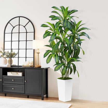 Dracaena Plant Artificial Tree 7Ft Tall Fake Tropical Floor Plants Potted (Real Touch) Artificial Silk Tree Leaf Faux Trees White Tall Planter for Home Office Living Room Indoor Outdoor Decor