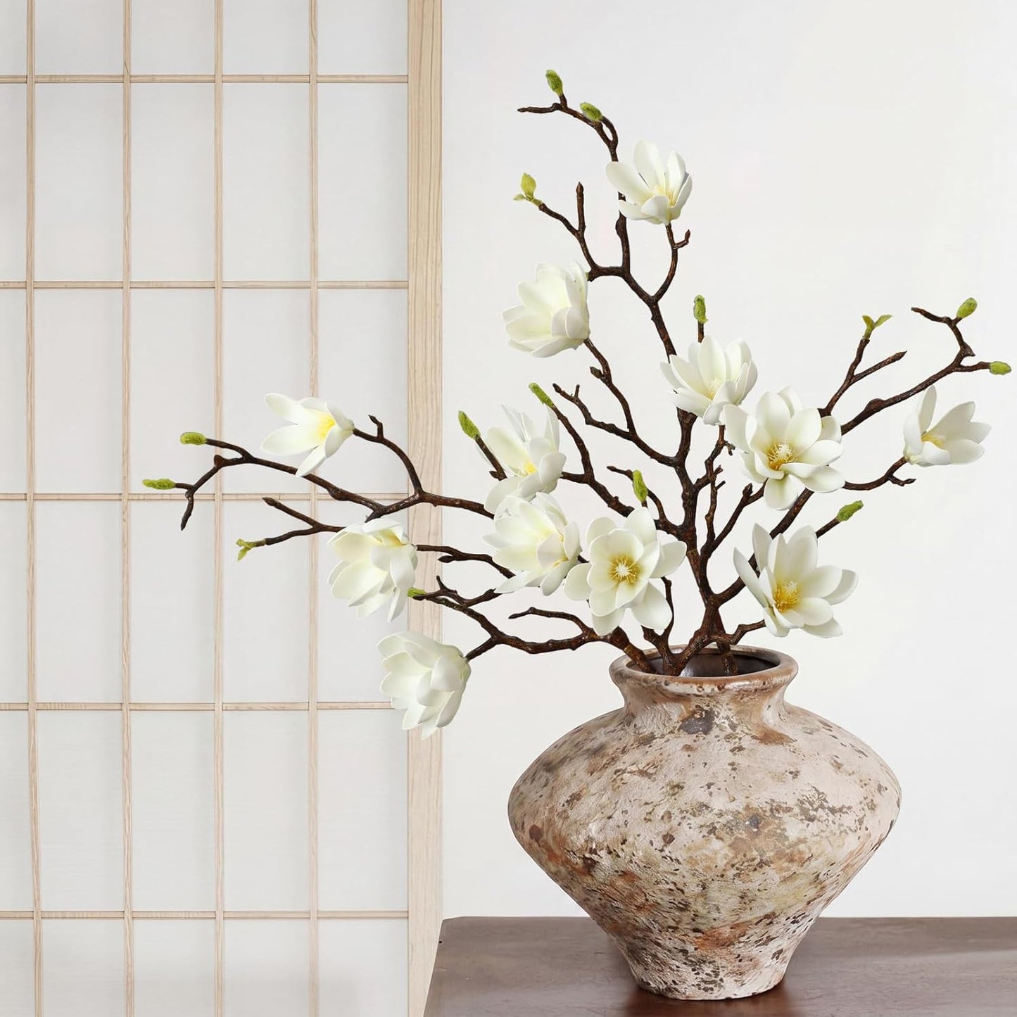 3 Pcs Artificial Magnolia Flowers Stems Faux Magnolia Branches with Buds, 28.3" Long Stems Floral Arrangement for Vase Pot Table Centerpiece Indoor Decor