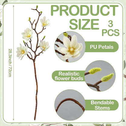 3 Pcs Artificial Magnolia Flowers Stems Faux Magnolia Branches with Buds, 28.3" Long Stems Floral Arrangement for Vase Pot Table Centerpiece Indoor Decor