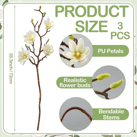 3 Pcs Artificial Magnolia Flowers Stems Faux Magnolia Branches with Buds, 28.3" Long Stems Floral Arrangement for Vase Pot Table Centerpiece Indoor Decor