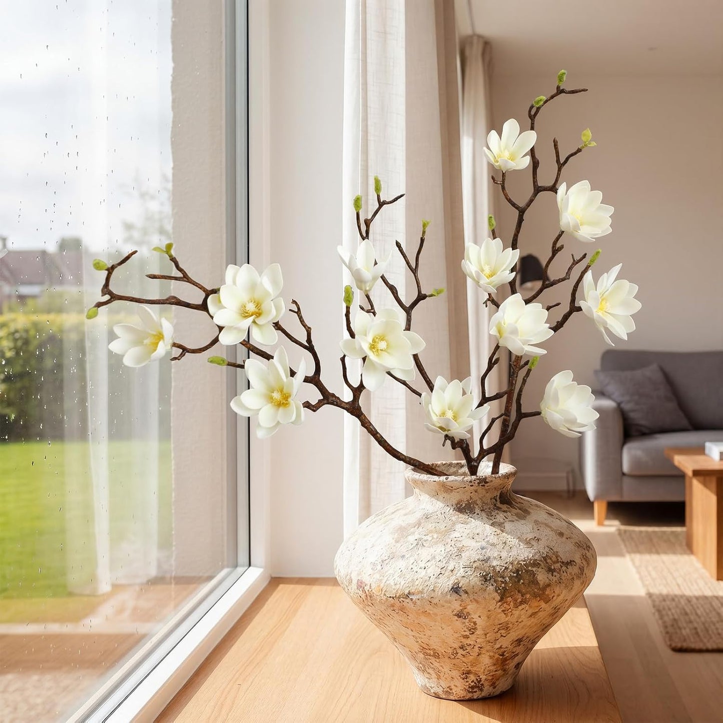 3 Pcs Artificial Magnolia Flowers Stems Faux Magnolia Branches with Buds, 28.3" Long Stems Floral Arrangement for Vase Pot Table Centerpiece Indoor Decor