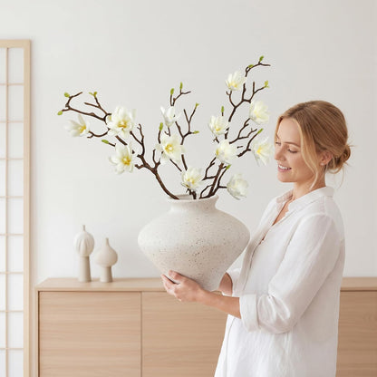 3 Pcs Artificial Magnolia Flowers Stems Faux Magnolia Branches with Buds, 28.3" Long Stems Floral Arrangement for Vase Pot Table Centerpiece Indoor Decor