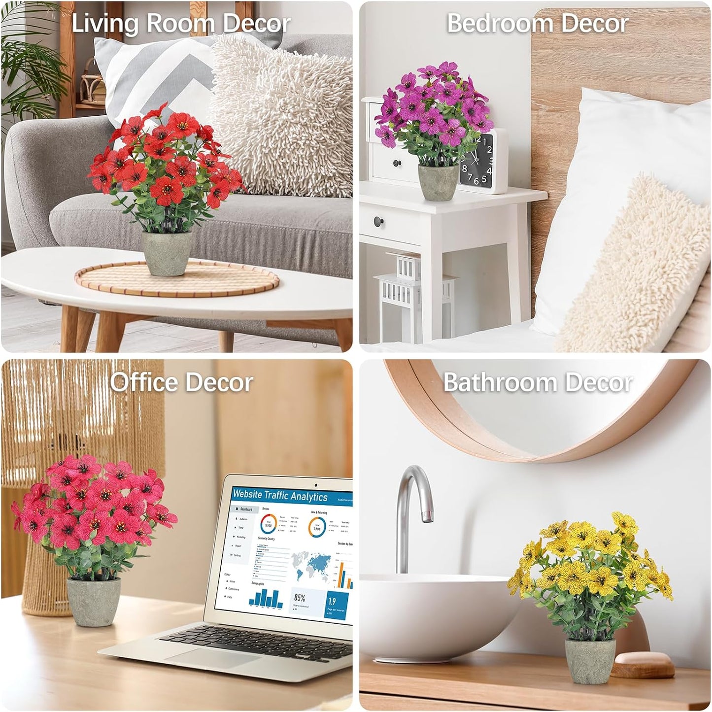 2 Pack Small Fake Plants Potted Artificial Plants Artificial Flowers Potted | Faux Flower Daisy with Eucalyptus Leaves for Home Decor Office Room Farmhouse Indoor Table Bathroom Decor