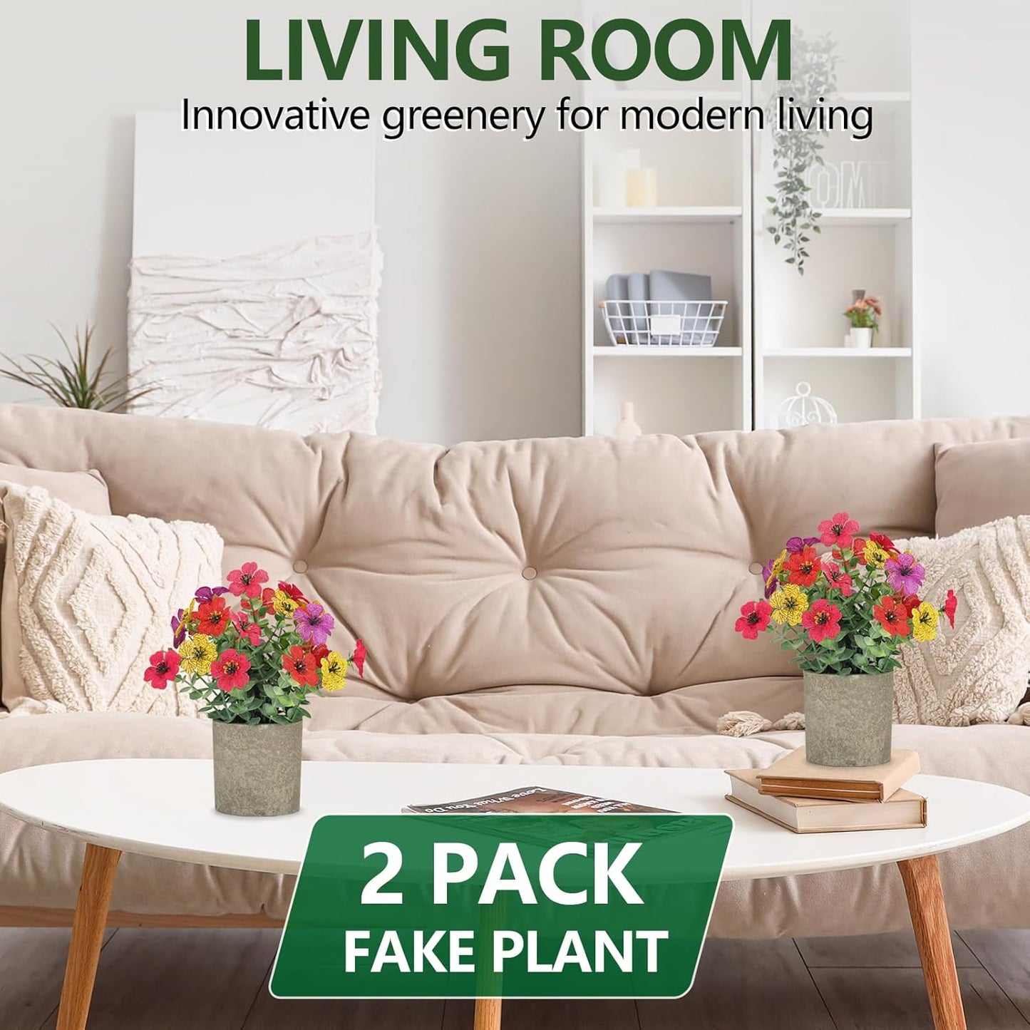 2 Pack Small Fake Plants Potted Artificial Plants Artificial Flowers Potted | Faux Flower Daisy with Eucalyptus Leaves for Home Decor Office Room Farmhouse Indoor Table Bathroom Decor
