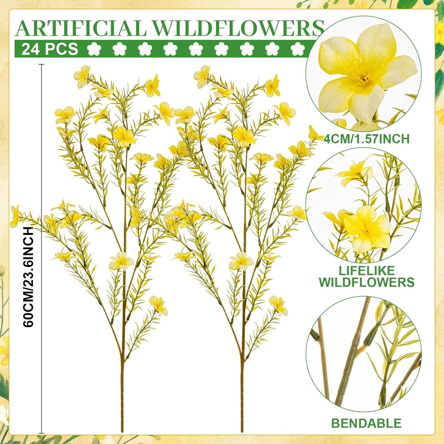 24 Bundles Artificial Wildflowers with Stems 23.6 Inch Silk Spring Floral Picks Fake Forsythia Branches DIY Wildflower Arrangements for Home Indoor Outdoor Wedding Centerpieces(Yellow)