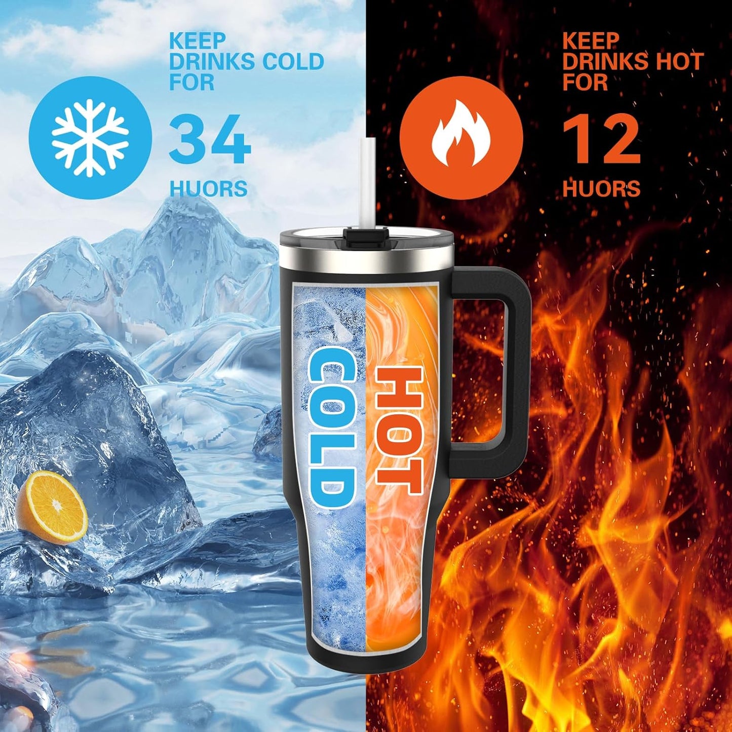 40 oz Shiny Tumbler with Handle and Straw,Stainless Steel Tumbler with Lid and Straw,Insulated Travel Mug(Cold for 34 Hours),Water Bottle for Iced Tea,Coffee (Yellow)