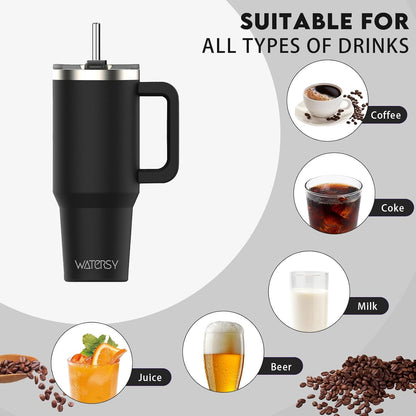 40 oz Shiny Tumbler with Handle and Straw,Stainless Steel Tumbler with Lid and Straw,Insulated Travel Mug(Cold for 34 Hours),Water Bottle for Iced Tea,Coffee (Yellow)
