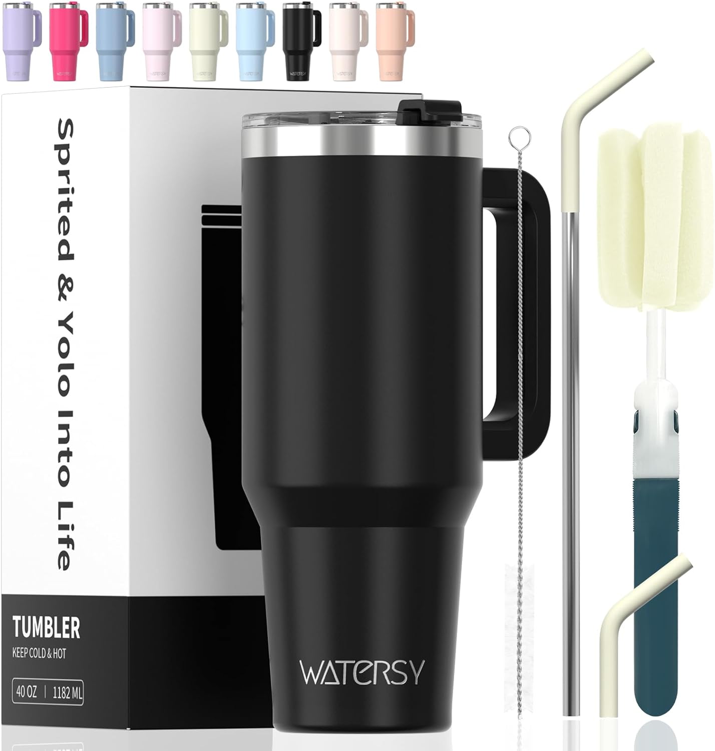 40 oz Shiny Tumbler with Handle and Straw,Stainless Steel Tumbler with Lid and Straw,Insulated Travel Mug(Cold for 34 Hours),Water Bottle for Iced Tea,Coffee (Yellow)