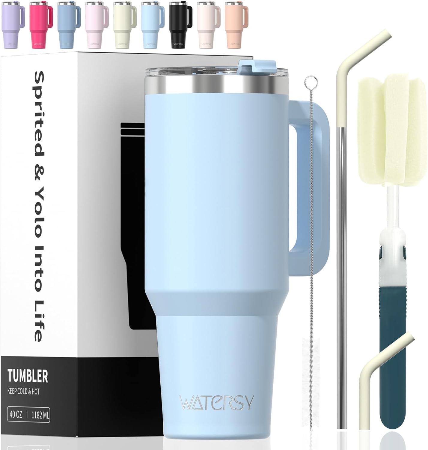 40 oz Shiny Tumbler with Handle and Straw,Stainless Steel Tumbler with Lid and Straw,Insulated Travel Mug(Cold for 34 Hours),Water Bottle for Iced Tea,Coffee (Yellow)