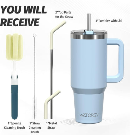 40 oz Shiny Tumbler with Handle and Straw,Stainless Steel Tumbler with Lid and Straw,Insulated Travel Mug(Cold for 34 Hours),Water Bottle for Iced Tea,Coffee (Yellow)