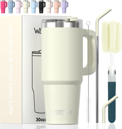 40 oz Shiny Tumbler with Handle and Straw,Stainless Steel Tumbler with Lid and Straw,Insulated Travel Mug(Cold for 34 Hours),Water Bottle for Iced Tea,Coffee (Yellow)