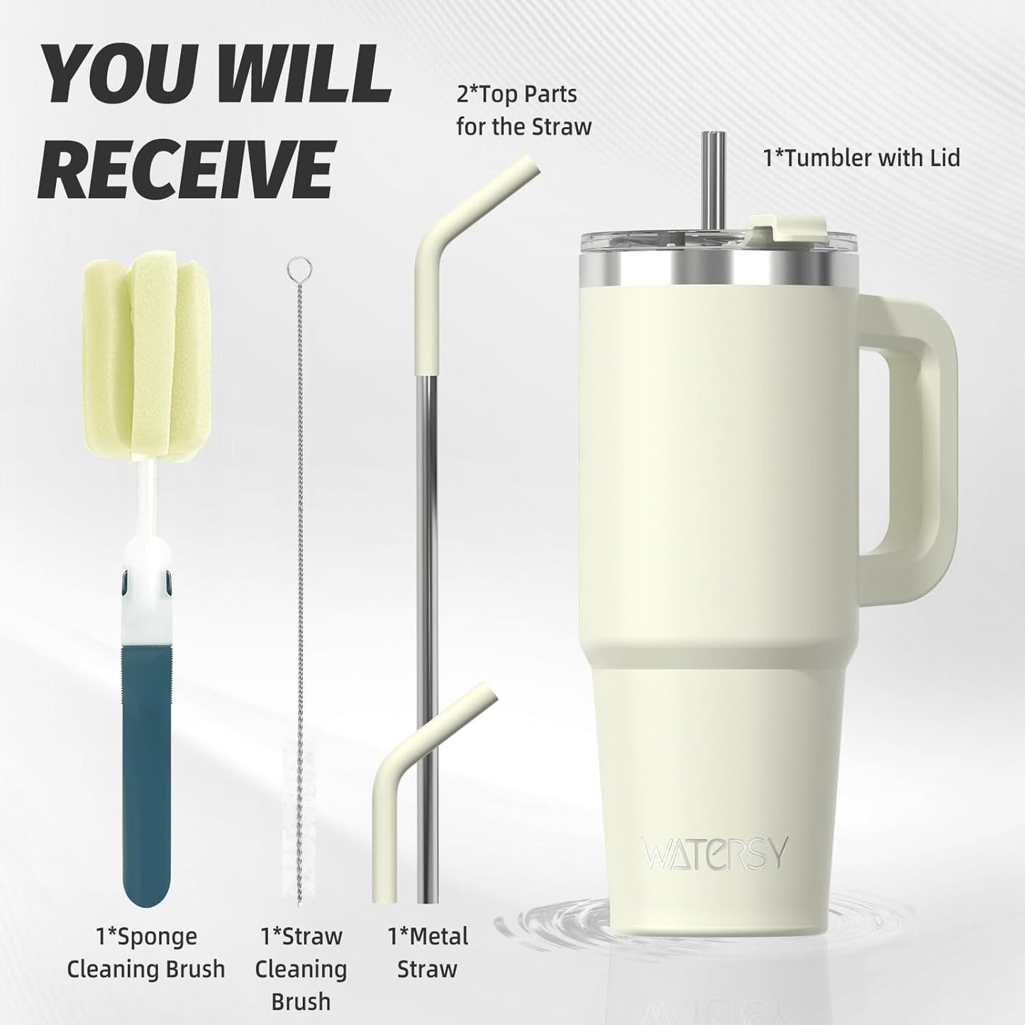 40 oz Shiny Tumbler with Handle and Straw,Stainless Steel Tumbler with Lid and Straw,Insulated Travel Mug(Cold for 34 Hours),Water Bottle for Iced Tea,Coffee (Yellow)