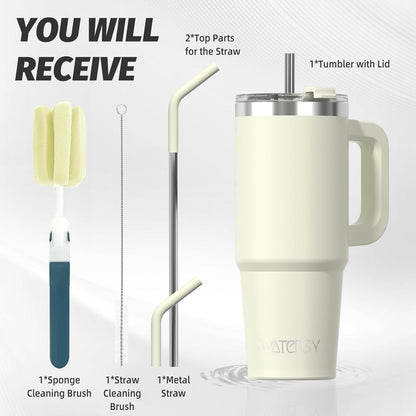 40 oz Shiny Tumbler with Handle and Straw,Stainless Steel Tumbler with Lid and Straw,Insulated Travel Mug(Cold for 34 Hours),Water Bottle for Iced Tea,Coffee (Yellow)
