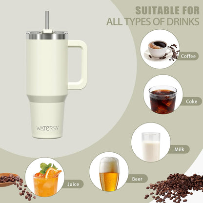 40 oz Shiny Tumbler with Handle and Straw,Stainless Steel Tumbler with Lid and Straw,Insulated Travel Mug(Cold for 34 Hours),Water Bottle for Iced Tea,Coffee (Yellow)
