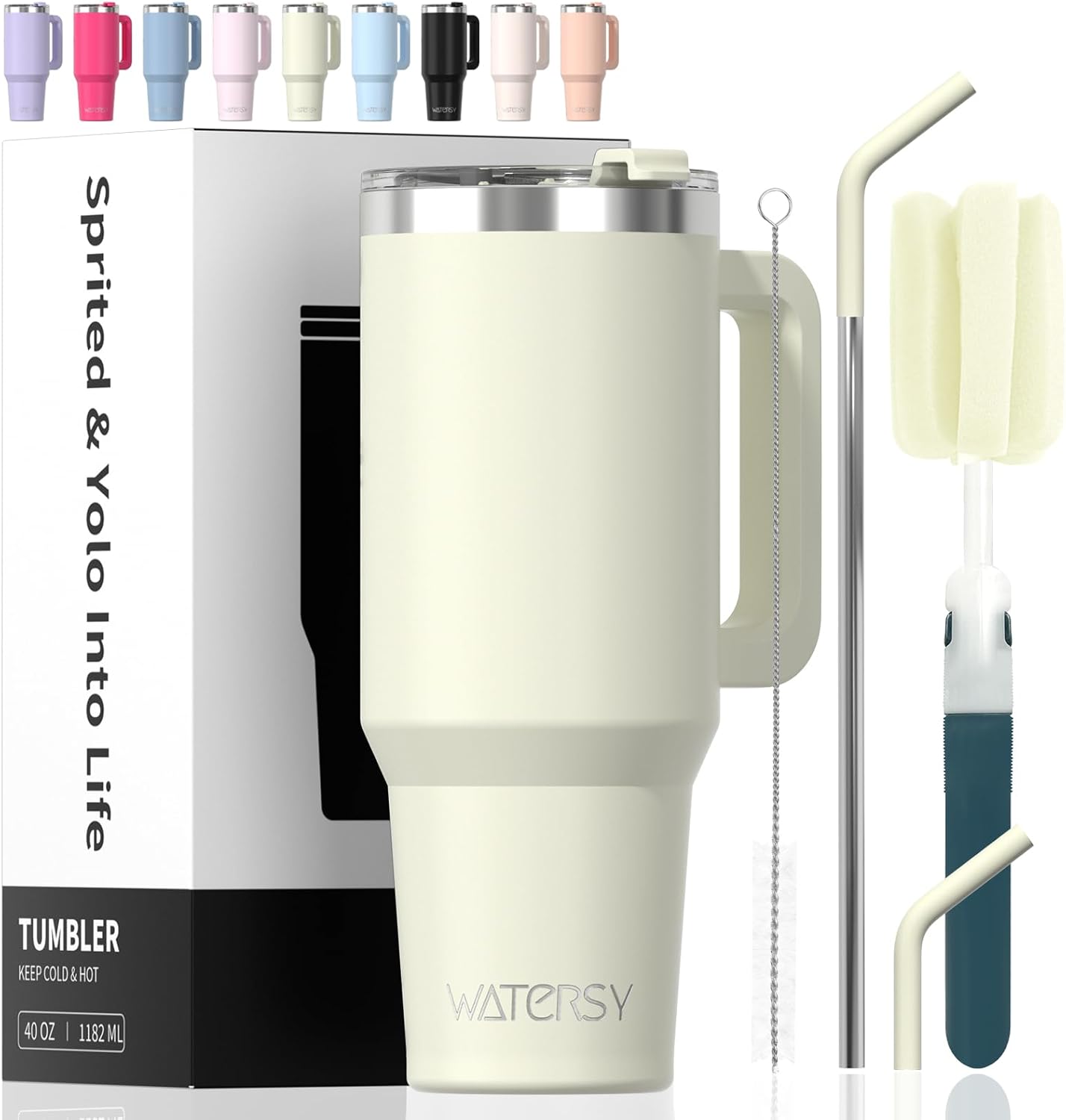 40 oz Shiny Tumbler with Handle and Straw,Stainless Steel Tumbler with Lid and Straw,Insulated Travel Mug(Cold for 34 Hours),Water Bottle for Iced Tea,Coffee (Yellow)