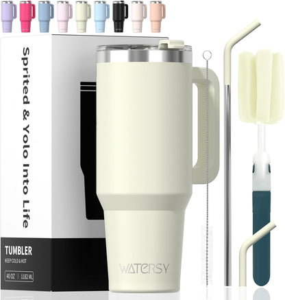 40 oz Shiny Tumbler with Handle and Straw,Stainless Steel Tumbler with Lid and Straw,Insulated Travel Mug(Cold for 34 Hours),Water Bottle for Iced Tea,Coffee (Yellow)