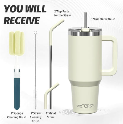 40 oz Shiny Tumbler with Handle and Straw,Stainless Steel Tumbler with Lid and Straw,Insulated Travel Mug(Cold for 34 Hours),Water Bottle for Iced Tea,Coffee (Yellow)