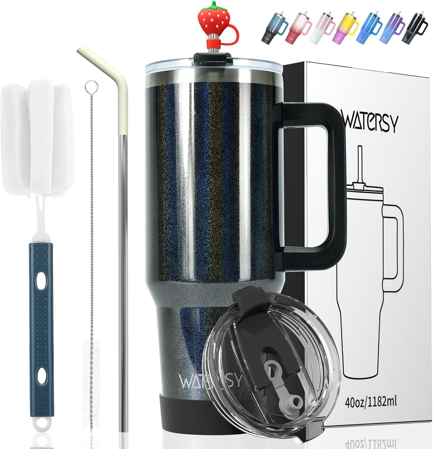 40 oz Shiny Tumbler with Handle and Straw,Stainless Steel Tumbler with Lid and Straw,Insulated Travel Mug(Cold for 34 Hours),Water Bottle for Iced Tea,Coffee (Yellow)