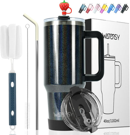 40 oz Shiny Tumbler with Handle and Straw,Stainless Steel Tumbler with Lid and Straw,Insulated Travel Mug(Cold for 34 Hours),Water Bottle for Iced Tea,Coffee (Yellow)