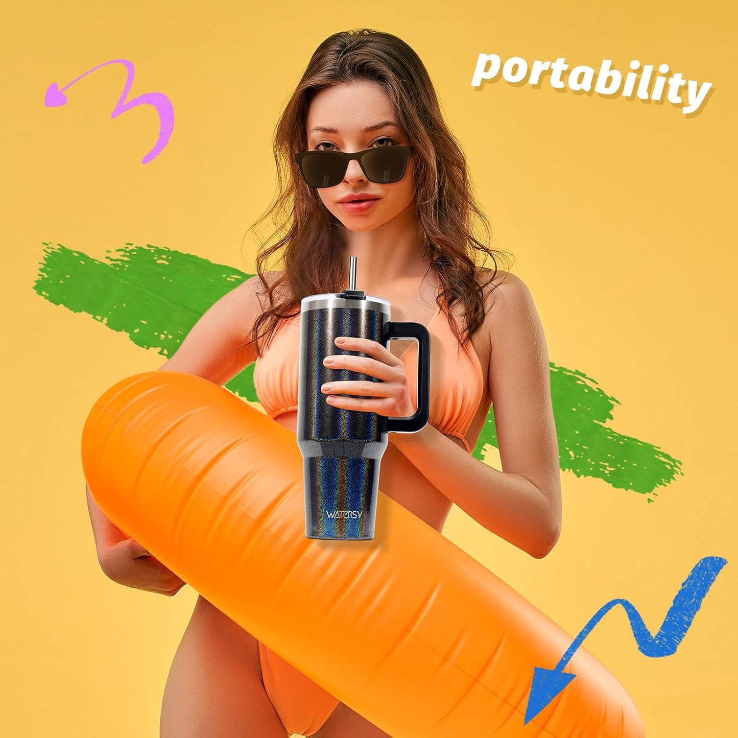 40 oz Shiny Tumbler with Handle and Straw,Stainless Steel Tumbler with Lid and Straw,Insulated Travel Mug(Cold for 34 Hours),Water Bottle for Iced Tea,Coffee (Yellow)