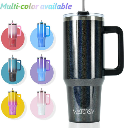 40 oz Shiny Tumbler with Handle and Straw,Stainless Steel Tumbler with Lid and Straw,Insulated Travel Mug(Cold for 34 Hours),Water Bottle for Iced Tea,Coffee (Yellow)