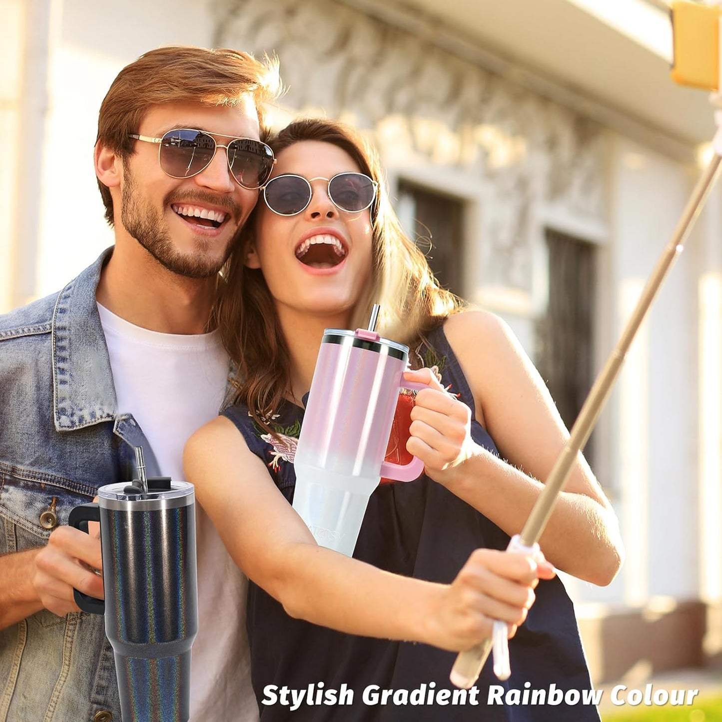 40 oz Shiny Tumbler with Handle and Straw,Stainless Steel Tumbler with Lid and Straw,Insulated Travel Mug(Cold for 34 Hours),Water Bottle for Iced Tea,Coffee (Yellow)