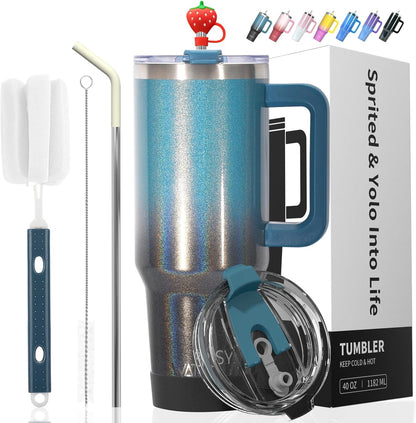 40 oz Shiny Tumbler with Handle and Straw,Stainless Steel Tumbler with Lid and Straw,Insulated Travel Mug(Cold for 34 Hours),Water Bottle for Iced Tea,Coffee (Yellow)