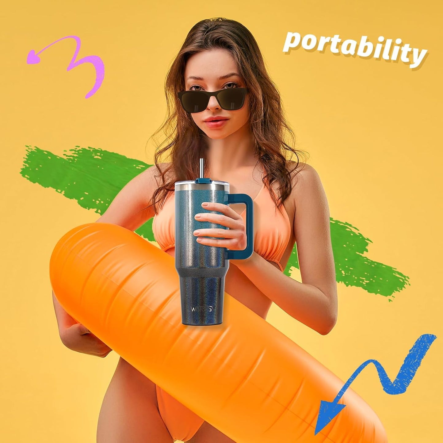 40 oz Shiny Tumbler with Handle and Straw,Stainless Steel Tumbler with Lid and Straw,Insulated Travel Mug(Cold for 34 Hours),Water Bottle for Iced Tea,Coffee (Yellow)