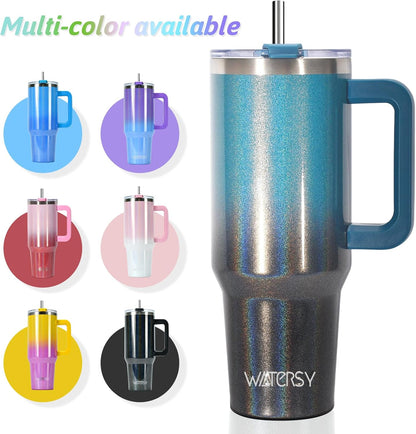 40 oz Shiny Tumbler with Handle and Straw,Stainless Steel Tumbler with Lid and Straw,Insulated Travel Mug(Cold for 34 Hours),Water Bottle for Iced Tea,Coffee (Yellow)
