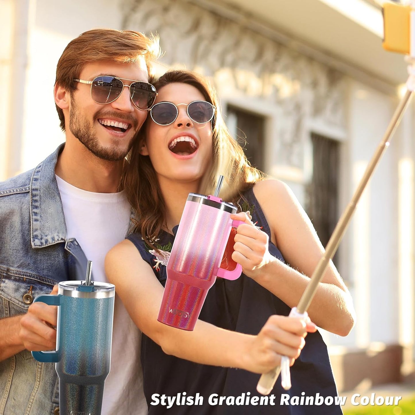 40 oz Shiny Tumbler with Handle and Straw,Stainless Steel Tumbler with Lid and Straw,Insulated Travel Mug(Cold for 34 Hours),Water Bottle for Iced Tea,Coffee (Yellow)