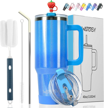 40 oz Shiny Tumbler with Handle and Straw,Stainless Steel Tumbler with Lid and Straw,Insulated Travel Mug(Cold for 34 Hours),Water Bottle for Iced Tea,Coffee (Yellow)