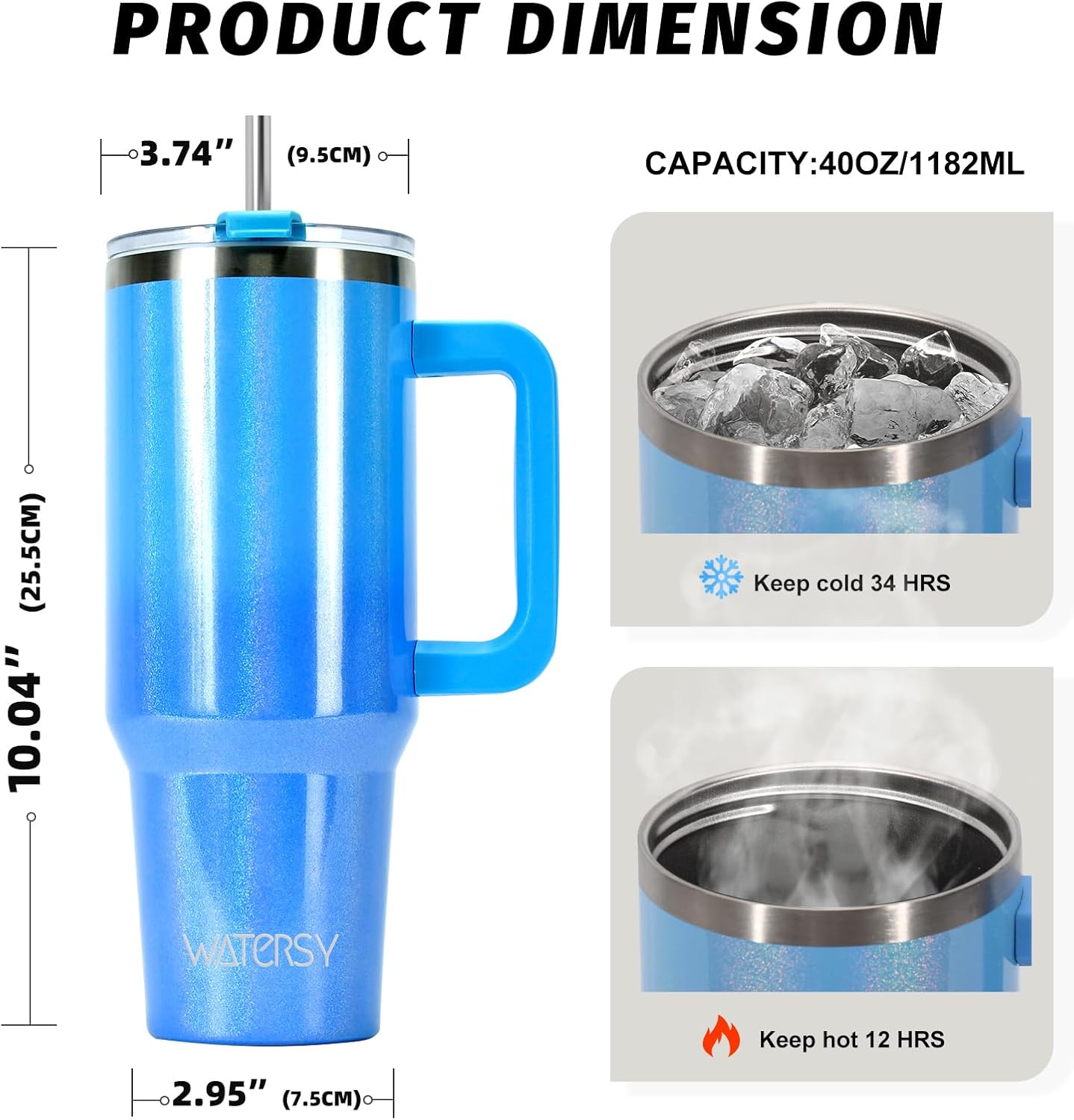 40 oz Shiny Tumbler with Handle and Straw,Stainless Steel Tumbler with Lid and Straw,Insulated Travel Mug(Cold for 34 Hours),Water Bottle for Iced Tea,Coffee (Yellow)