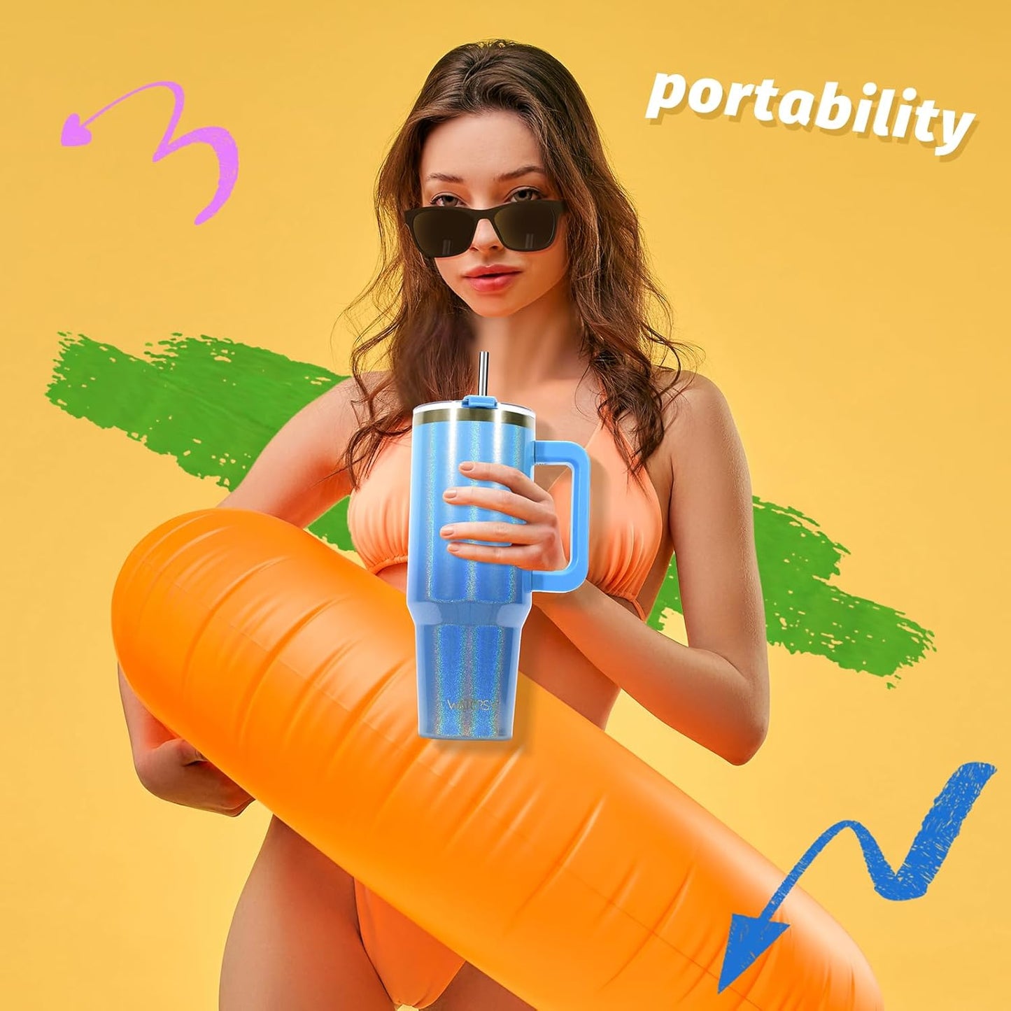 40 oz Shiny Tumbler with Handle and Straw,Stainless Steel Tumbler with Lid and Straw,Insulated Travel Mug(Cold for 34 Hours),Water Bottle for Iced Tea,Coffee (Yellow)